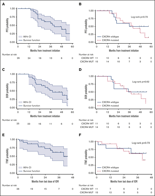 Kaplan-Meier estimates for PFS, DOR, and TTNT. Kaplan-Meier estimates for PFS for the entire cohort (A) and according to CXCR4 mutational status (B). DOR for the entire cohort (C) and according to CXCR4 mutational status (D). TTNT for the entire cohort (E) and according to CXCR4 mutational status (F) of 26 patients with WM treated with IDR.