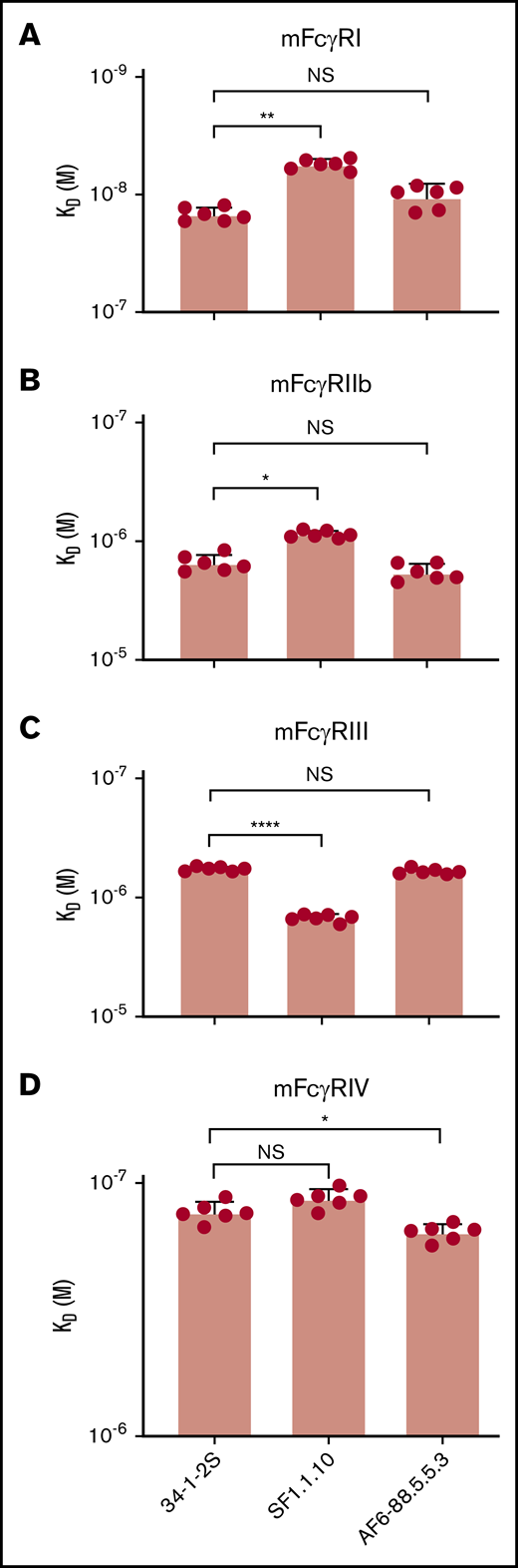 No distinct differences in FcγR-binding between 34-1-2S, SF1.1.10, and AF6-88.5.5.3. Binding affinity of IgG2a anti-MHC class I antibodies 34-1-2S, SF1.1.10, and AF6-88.5.5.3. toward murine FcγRI (A), FcγRIIb (B), FcγRIII (C), and FcγRIV (D) was determined by using SPR. Statistical analysis was performed with one-way analysis of variance with a Tukey post hoc test. *P < .05, **P < .01, ****P < .0001. A total of n = 6 experiments is depicted. NS, not significant.