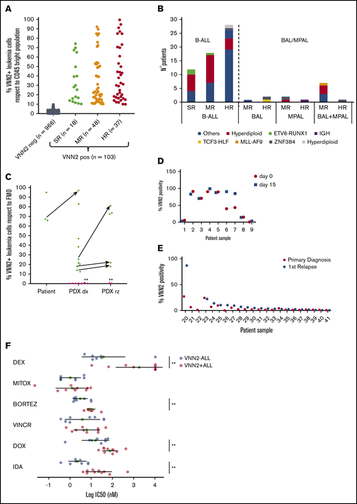 Prospective validation of VNN2 by FCM confirms its association with MRD. (A) FCM evaluation of VNN2 in diagnostic samples from 1069 B-cell ALL patients enrolled in the AIEOP-BFM 2009 study. (B) Classification of 72 BFM 2009 VNN2+ patients based on cytogenetic information and FCM data. Cytogenetic data were available for 72 of 103 patients identified by FCM. (C) VNN2 expression by FCM identifies TCF3-HLF–rearranged samples. Green dots indicate TCF3-HLF–rearranged samples (patient and PDX), and pink dots indicate TCF3-PBX1–rearranged PDX samples. Arrows indicate matched patient-PDX sample or matched xenograft samples at diagnosis-relapse. Asterisks (*) indicate matched diagnosis-relapsed samples. TCF3-HLF rearranged samples scored positive for VNN2 by FCM (>10%). (D) Analysis of VNN2 in matched samples from 9 patients taken at diagnosis of ALL (day 0) and at day 15 by FCM. (E) Comparison of matched diagnosis (black circles) and relapse (gray rhombus) pairs indicated conservation of VNN2 positivity; in some cases, an increase in VNN2 from diagnosis to relapse could be observed. FCM was used to evaluate VNN2 of matched diagnosis and first relapse of 22 patients with ALL. (F) Ex vivo drug response profiling of 10 VNN2+ ALL samples (red circles) compared with 8 VNN2− SR cases (blue circles). Patient samples were tested for dexamethasone (DEX), mitoxantrone (MITOX), bortezomib (BORTEZ), vincristine (VINCR), doxorubicin (DOX), and idarubicin (IDA). **P < .05. BAL, biphenotypic acute leukemia according to EGIL classification; B-ALL, B-cell ALL; dx, diagnosis; FMO, fluorescence-minus-one; IC50, 50% inhibitory concentration; MPAL, mixed phenotype ALL, according to World Health Organization classification23; rz, relapse; SE, standard error.