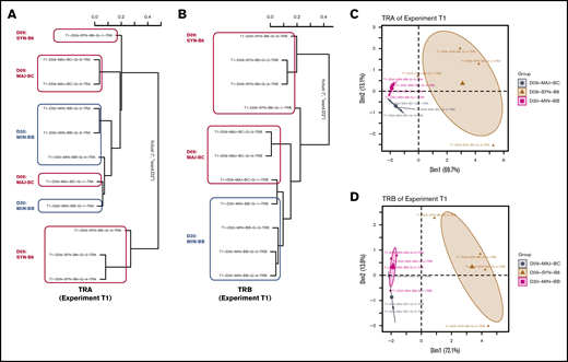 Analysis of TCR repertoire clone size distribution differentiates transplant recipient groups. powerTCR cluster analysis of TCR clone size distribution in representative experiment with 3 recipient groups was visualized by hierarchical clustering of TRA and TRB (A-B) and principal component analysis (C-D) using TRA and TRB. Representative experiment is T1.