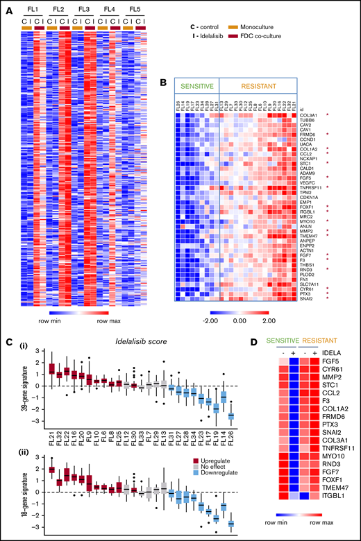 Idelalisib modulates FDC-induced gene sets in selected FL patients. (A) FL primary cells (n = 5) were isolated from monocultures or FL-FDC cocultures, treated with and without idelalisib (500 nM, 48 hours), RNA extracted, and subjected to GEP. Robust multiarray average data were analyzed with a paired (monoculture vs coculture) Limma algorithm (false discovery rate < 0.05, fc > 2). Heatmap represents the genes significantly upregulated in FL cells by FDCs in 4 of 5 patients. A differential regulation by idelalisib was acknowledged. (B) FL primary cells were isolated from FL-FDC (n = 25) cocultures treated with and without idelalisib (500 nM, 48 hours), and RNA was extracted and subjected to a multiplex reverse transcription-polymerase chain reaction by Fluidigm to characterize 39 selected genes upregulated in the FL-FDC coculture (fc > 2) and differently modulated by idelalisib (fc < 0.5 in sensitive patients). Heatmap displays fc in response to idelalisib referred to the untreated control. The cutoff to consider idelalisib sensitive was established using a paired t test comparing the expression −/+ idelalisib adjusted with the Benjamini-Hochberg method (details in supplemental Methods). (C) Boxplots for each patient of the log2 fc expression in response to idealisib. (i) Full 39-gene signature. (ii) Reduced 18-gene signature (details in supplemental Methods). The median represented in each box plot corresponds to the idelalisib score. (D) Heatmap displaying the mean expression of the selected 18 genes in either sensitive (n = 9) and resistant (n = 16) patients classified as in panel B, referred to the baseline control without coculture.