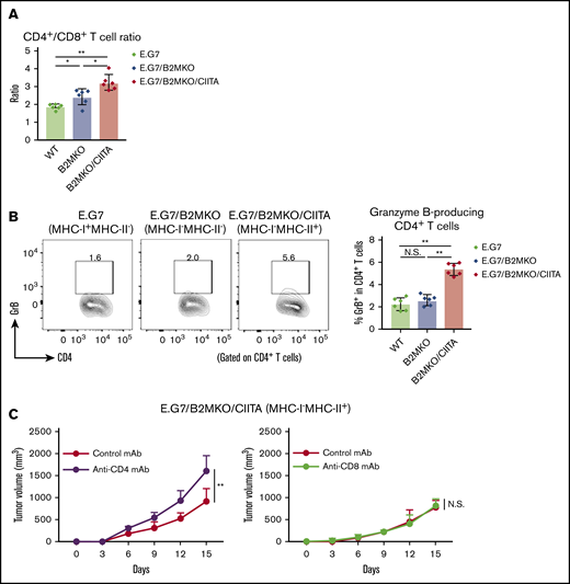 MHC-II expressed by tumor cells mediates antitumor immunity via cytotoxic CD4+T cells. (A) CD4+/CD8+ T-cell ratio in the TIL population. Tumor cells (5.0 × 106) were inoculated subcutaneously. TILs were prepared from tumors 14 days after tumor cell inoculation and analyzed with flow cytometry (n = 6 per group). (B) Proportion of GrB+CD4+ T cells in the TIL population. The in vivo experiments were performed as described in panel A. Representative staining (left) and summary for the frequency (right) are shown. (C) Tumor growth of E.G7/B2MKO/CIITA in CD4+ T-cell– or CD8+ T-cell–deleted mice (left and right, respectively). Tumor cells (5.0 × 106) were inoculated subcutaneously into C57BL/6 mice on day 0 (n = 6 per group). For CD4+ and CD8+ T-cell deletion, anti-CD4 mAbs and anti-CD8β mAbs, respectively, were administered intraperitoneally 1 day before tumor cell injection and every 7 days after tumor cell inoculation. Tumor growth was monitored every 3 days. All in vivo experiments were performed twice with similar results. *P < .05; **P < .01.