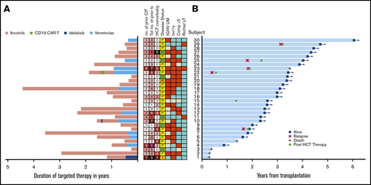High-risk features, duration of targeted therapy prior to allogeneic HCT, and time to event. (A) Duration of each targeted therapy is denoted in pink (ibrutinib), green (CD19 CAR-T), dark blue (idelalisib), and light blue (venetoclax). Of note, time between targeted therapies is not reflected in the duration of targeted therapy. In the center, boxes in red indicate subjects with IGHV unmutated (UM), del(17p), complex abnormalities (≥5), or Richter transformation. Boxes in blue indicate no mutation or no Richter transformation. Boxes in gray indicate missing information. Tot no. of prior tx denotes the total number of targeted and chemoimmunotherapies received prior to alloHCT. No. of CIT denotes the total number of chemoimmunotherapies prior to targeted therapy. Disease status denotes complete remission (C), partial remission (P), relapse (R), or induction failure (I) at alloHCT. (B) The blue horizontal bars indicate time to death or last seen alive with the indication of relapse and post-HCT therapy.