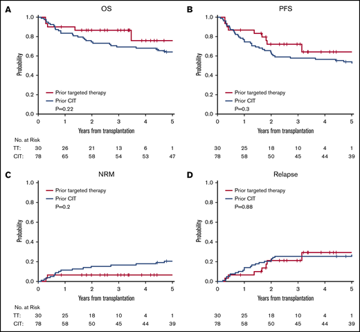 Kaplan-Meier and cumulative incidence curves. OS (A), PFS (B), cumulative incidence of NRM (C), and cumulative incidence of relapse (D) according to the type of prior therapy before alloHCT.