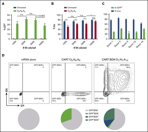 CART transfection of resting NK cells is scalable and selectable. Unless noted, CART/mRNA polyplexes were prepared at a 10:1 (+/−) charge ratio and added to primary resting human NK cells (500 000 cells per well in 100 μL of serum-free RPMI in 96-well plates) and analyzed by flow cytometry after 6 hours. Effect of NK cell density on percentage of GFP+ cells (A) and viability (B). (C) Effect of NK cell donor on CART O5:N6:A9–mediated GFP mRNA transfection. (D) Dot plot of GFP expression vs BDK fluorescence when delivering CART BDK-O7:N7:A13/GFP mRNA polyplexes to primary resting NK cells. Percentage of NK cells (gated for live cells) that were BDK−GFP−, BDK−GFP+, BDK+GFP−, or BDK+GFP+. All measurements were run at least in triplicate. Error bars represent ±standard deviation. *P < .05 by unpaired Student t test with Bonferroni’s correction for multiple testing. n.s., not significant at P = .05.