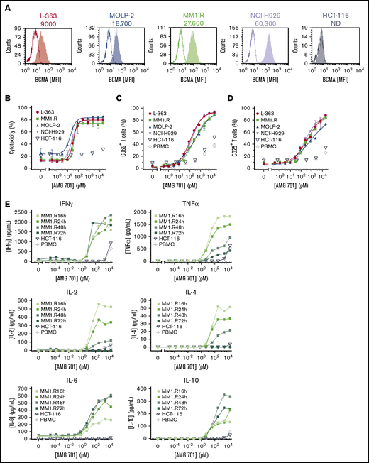 AMG 701 induced TDCC against MM cell lines in vitro. (A) Flow cytometry histograms depicting BCMA cell surface protein expression on cancer cell lines. Open graphs represent isotype staining; filled graphs represent BCMA protein staining. Numbers represent the number of BCMA molecules per cell. (B) Specific cytotoxicity of TDCC assays with BCMA protein-positive cell lines (L-363, MM1.R, MOLP-2, NCI-H929) or the BCMA protein-negative cell line (HCT-116) cocultured with human PBMCs at a 5:1 E:T ratio and increasing concentrations of AMG 701 for 48 hours. Data are mean ± standard deviation (SD) for 2 technical replicates. Curves are representative of 4 PBMC donors. Expression of CD69 (C) and CD25 (D) on T cells from TDCC assays of BCMA+ or BCMA− cell lines or no target cells (PBMC), as described in panel B. Data are mean ± SD of 2 technical replicates representative of 4 PBMC donors. (E) Concentration of cytokines in supernatants of TDCC assays at the times indicated. Data represent 1 technical replicate from 1 PBMC donor. IFNγ, interferon-γ; IL-2, interleukin-2; MFI, mean fluorescence intensity; ND, not detectable; TNFα, tumor necrosis factor-α.