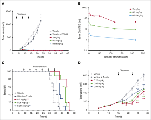 AMG 701 demonstrated antitumor activity in mouse xenograft models. (A) Tumor volumes of NOD/SCID mice injected subcutaneously with a mixture of NCI-H929 tumor cells and human PBMCs (1:2 E:T ratio) and treated with vehicle or AMG 701 (2, 0.2, and 0.02 mg/kg) on days 3, 8, and 13. Data are mean ± standard error of the mean (SEM) (n = 5, vehicle group; n = 10, all other groups). P < .001 for all dose levels from day 10 until day 23 vs vehicle + PBMC group, 1-way ANOVA with the Dunnett post hoc test. (B) PK profile of AMG 701 in mouse serum at the times indicated after the last administration on day 13. Data are mean ± SEM (n = 3). (C) Kaplan-Meier survival analysis of NOD/SCID mice orthotopically transplanted with L-363 MM cells, injected intraperitoneally with human T cells on day 5 (except for vehicle-only control), and treated with AMG 701 (0.5, 0.05, and 0.005 mg/kg) or vehicle every 5 days for 6 administrations, starting on day 9. Arrows indicate days of treatment (n = 5, vehicle group; n = 10, all other groups). **P = .007, ***P < .001 vs vehicle + T-cell group, Kaplan-Meier estimator with Mantel-Cox log-rank test. (D) Tumor volumes of SCID mice injected subcutaneously with NCI-H929 tumor cells (5E6) on day 1, intraperitoneally injected with human T cells (1.2E7) on day 8, and treated with vehicle or AMG 701 (0.25, 0.05, or 0.01 mg/kg) on days 15 and 22. Data are mean ± SEM (n = 5, vehicle group; n = 8, all other groups). ****P < .0001, ***P = .0002, 1-way ANOVA with the Dunnett post hoc test.