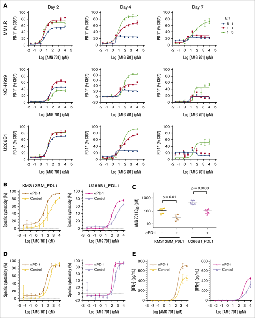 Combination with as PD-1–blocking antibody increases AMG 701 cytotoxicity in vitro. (A) Expression of PD-1 on CD3+ T cells from TDCC assays with cell lines and E:T ratios as indicated, assessed by flow cytometry at different times. Data are mean ± standard deviation (SD) of 2 technical replicates. Curves are representative of 2 human pan T-cell donors. (B) Specific cytotoxicity against KMS12BM_PDL1 (left panel) and U266B1_PDL1 (right panel) cultured for 24 hours 1:1 with CD3/CD28-activated human pan T cells and increasing concentrations of AMG 701, with (closed triangles with dark-shaded curves; mustard or magenta) or without (open triangles with light-shaded curves; yellow or lavender) 10 µg/mL PD-1–blocking antibody. Data are mean ± SD of 2 technical replicates. Curves are representative of 5 pan T-cell donors. (C) EC50 of AMG 701, with or without anti–PD-1–blocking antibody, calculated in panel B, n = 5 T-cell donors, KMS12BM_PDL1 (P = .01); U266B1_PDL1 (P = .0008); paired Student t test. Data are mean ± SD. (D) Specific cytotoxicity against KMS12BM_PDL1 and U266B1_PDL1 cultured for 96 hours at 1:5 E:T ratio with resting T cells and increasing concentrations of AMG 701, with (closed triangles with dark-shaded curves; mustard or magenta) or without (open triangles with light-shaded curves; yellow or lavender) 10 µg/mL PD-1–blocking antibody. Data are mean ± SD of 2 technical replicates, representing 1 of 2 assays. (E) Concentration of IFN-γ in supernatants collected from panel D at 72 hours, quantified by an enzyme-linked immunosorbent assay.