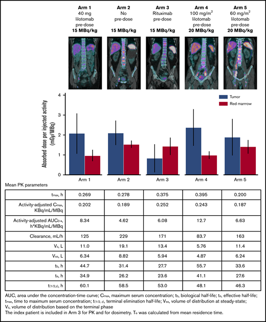 SPECT, dosimetry, and PK comparison by study arm.