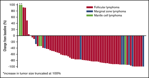 Best percentage change in tumor size from baseline for evaluable patients in phases 1 and 2a.