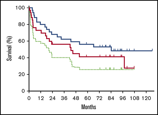 Survival posttransplant. Kaplan-Meier estimates of OS (blue solid line), PFS (red solid line), and EFS (light green dotted line).