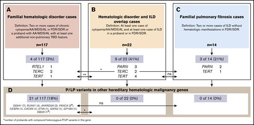 Comparison of the prevalence of causative TBD and other gene variants by familial hematologic and/or ILD presentations in adults. A total of 153 probands were tested and are grouped according to their phenotypic presentation. (A) Familial hematologic disorder cases. (B) Mixed hematologic disorder and ILD cases. (C) Familial pulmonary fibrosis cases. The proportions of probands found to carry P or LP variants in telomere genes (A-C) or other hereditary hematologic malignancy syndrome genes (D) by clinical presentation overall and by specific gene are provided and compared by using 2-sided Fisher’s exact tests. Levels of significance are shown as: *P < .05, **P < .001. AL, acute leukemia; FDR, first-degree relative; ns, not significant; SDR, second-degree relative.