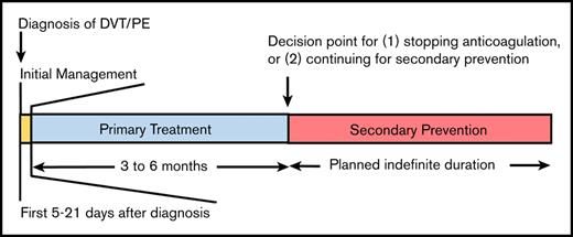 Time frame of the decisions. Initial management (yellow box) spans the first 5 to 21 days following diagnosis of a new VTE and includes issues concerning whether the patient can be treated at home or requires admission to the hospital, use of thrombolytic therapy, whether an IVC filter needs to be placed, and initial anticoagulant therapy. Primary treatment continues anticoagulant therapy for 3 to 6 months total and represents the minimal duration of treatment for the VTE. After completion of primary treatment, the next decision concerns whether anticoagulant therapy will be discontinued or if it will be continued for secondary prevention of recurrent VTE. Typically, secondary prevention is continued indefinitely, although patients should be reevaluated on a regular basis to review the benefits and risks of continued anticoagulant therapy. Our choice of terminology reflects the distinct clinical intentions of the different phases of VTE management, linking them to important clinical decisions addressed in the guidelines, rather than using terms reflecting the relative duration of therapy.