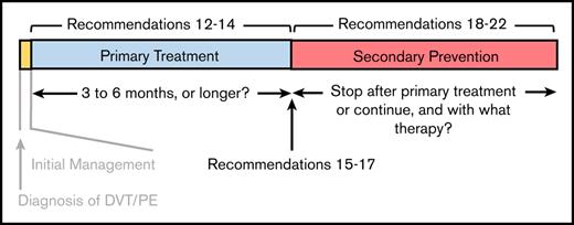 Relationships of Recommendations 12 to 22 with primary treatment and secondary prevention phases of VTE treatment. Recommendations 12 to 14 address the duration of the primary treatment phase of therapy. Recommendations 15 to 17 address strategies to decide whether to discontinue anticoagulant therapy or continue with secondary prevention. Recommendations 18 to 22 address which patients should receive secondary prevention and with what antithrombotic therapies.