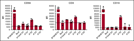 HLA-A*24 and HLA-A*32, but not HLA-A*23 or HLA-A*25, are expressed on lymphocytes. PBMCs from healthy donors genotyped for HLA-A*24, HLA-A*32, HLA-A*23, or HLA-A*25 in combination with Bw6/Bw6 or genotyped for HLA-B*38 or HLA-B*52 were stained with fluorescein isothiocyanate-conjugated anti-HLA-Bw4 antibody. Mean fluorescence intensity (MFI) of the indicated Bw4+ HLA-A allotype is depicted among CD3+CD56− (T cells), CD3−CD56+ (NK cells), and CD19+ (B cells) cells.
