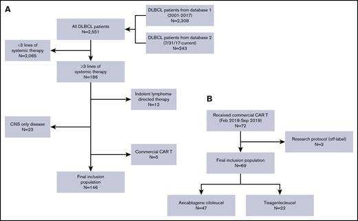 Consort. (A) Cohort 1: alternate therapy group. Of 2551 total patients diagnosed with DLBCL and treated at MSKCC, 186 patients had at least 3 lines of therapy and available outcome data at the third line. Of these, 12 were excluded because they were treated with indolent lymphoma-directed therapy (eg, rituximab) as a prior line, 23 were excluded for CNS-only disease, and 5 who ultimately received commercial CAR T therapy were duplicate patients included in the other cohort. The final inclusion population consisted of 146 patients. (B) Cohort 2: CAR T therapy group. Of 72 patients who were referred to MSKCC for commercial CAR T therapy beginning in February 2018, 3 were excluded because they were treated off-label as part of a research protocol. The final inclusion population consisted of 69 patients, of which 47 received axicabtagene ciloleucel and 22 tisagenlecleucel.