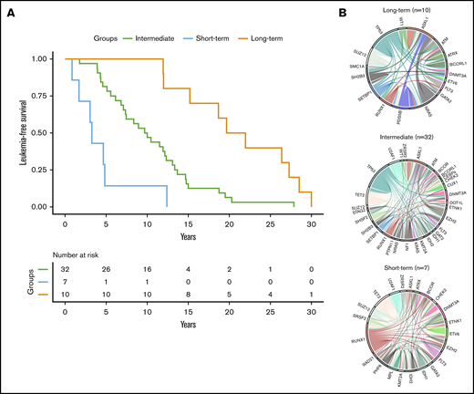 Time to leukemic transformation and the molecular landscape of the 3 groups of patients with post-PV/ET AML. (A) Kaplan-Meier curves for leukemia-free survival of the cohort, divided according to the length of time to leukemic transformation. (B) Circos plots show the molecular complexity of the 3 groups.