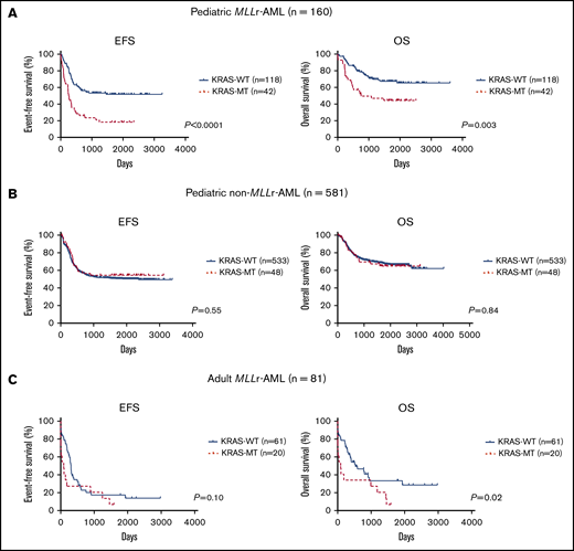 Prognostic significance of KRAS mutations. (A) Prognostic significance of KRAS mutations in pediatric patients with MLL-r AML who were in the TARGET and AML-05 cohorts (n = 160). (B) Prognostic significance of KRAS mutations in pediatric patients with non–MLL-r AML enrolled in the TARGET cohort (n = 581). (C) Prognostic significance of KRAS mutations in adult patients with MLL-r AML in the MLL laboratory (n = 81). The log-rank test was used for survival estimates.