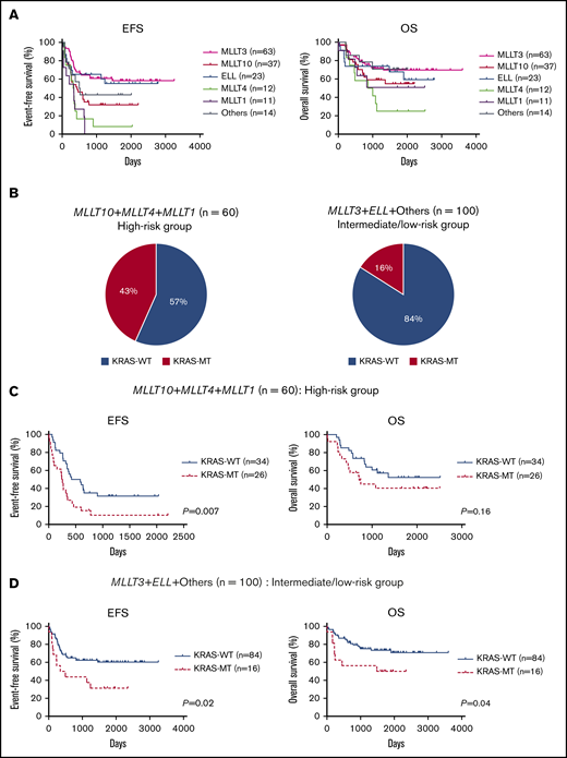 Prognostic significance of fusion partners and KRAS mutations according to risk subgroup based on fusion patterns in MLL-r AML. (A) Comparison of EFS and OS in patients, according to MLL fusion partners. (B) Frequency of KRAS mutations in the high-risk group (MLLT10+MLLT4+MLLT1; n = 60) and intermediate-to-low–risk group (MLLT3+ELL+others; n = 100). (C-D) Prognostic significance of KRAS mutations in pediatric patients with MLL-r AML with high-risk fusion partners (MLLT10+MLLT4+MLLT1; n = 60) (C) and with intermediate-to-low–risk fusion partners (MLLT3+ELL+others; n = 100) (D).
