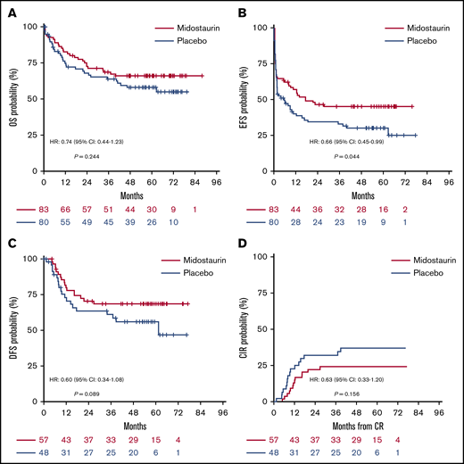 Survival in patients with FLT3-TKDmutAML, according to treatment arm (n = 163 patients). HR and 95% CI are shown. OS (A), EFS (B), DFS (C), CIR (D).