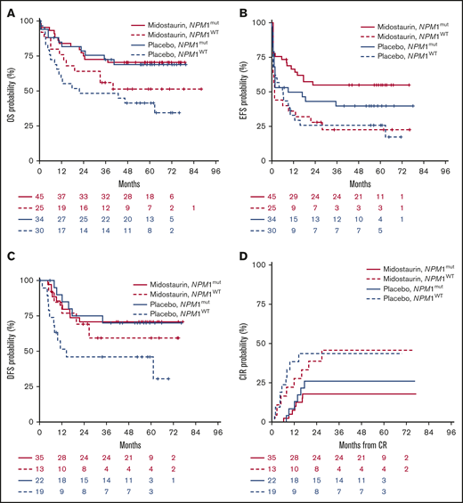Survival outcomes (not censored at allogeneic HCT) by NPM1 mutation status and treatment arm (n = 134 patients). OS (A), EFS (B), DFS (C), CIR (D).