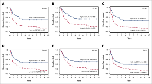 Clinical outcome of 111 younger adult patients with CN-AML in the validation set with either high or low expression of individual circRNAs. DFS (A), OS (B), and EFS (C) of high vs low expressers of circKLHL8. DFS (D), OS (E), and EFS (F) of high vs low expressers of circSMC1A.
