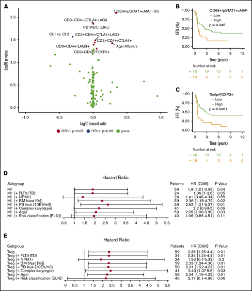 Immunologic prognostic biomarkers in intensively treated AML patients (HD-cytarabine–based induction treatment; n = 59). (A) Volcano plot of the HRs for an EFS incident of immune cells and their immunophenotypes and PB and BM laboratory values. Variables increasing the risk for an EFS event have a positive log10 HR and deviate to the right side of the plot. Parameters with a negative log10 HR diverge to the left. Survival plot of the proportion of CD68+ monocytes expressing pSTAT1+cMAF− (M1-like monocytes) (B) and helper T cells expressing FOXP3+ (%, regulatory T cells) (C). Covariates were divided into tertiles, and the highest 2 subgroups were combined. A forest plot displaying the HR and 95% CI of the categorized proportion of M1-like monocytes (D) and Tregs (E) in univariate and combined with another essential clinical biomarker (Cox regression analysis).