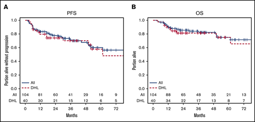Kaplan-Meier plots for the entire cohort and for DHL patients. (A) PFS. (B) OS.