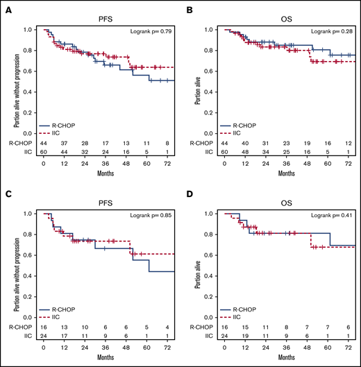 Kaplan-Meier plots of PFS and OS by R-CHOP vs IIC. (A-B) Entire cohort. (C-D) DHL patients.