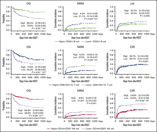 Expansion of key cell subsets; namely, CD20+B cells, CD8+CD11b−T cells, and CD16+CD57−NK cells, significantly positively affected 2-year OS. There were no significant differences in CIR or proportions of high vs low cell counts for CD20+ B cell and CD8+CD11b- T cell subsets. NRM benefits were found to be lower (range, 17%-21%) in patients with early IR of these cells. CIR was confirmed to be approximately 26% lower in patients with early IR of CD16+CD57− NK cells.