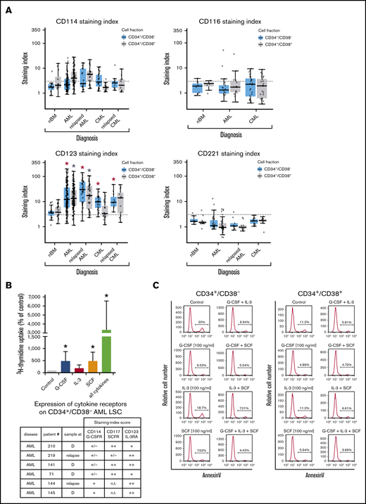 Expression of cytokine receptors on LSCs and effects of cytokine ligands. (A) Expression of surface antigens on CD34+/CD38− cells and CD34+/CD38+ cells in patients with AML, CML (at diagnosis and relapse), and normal donors (nBM). Cells were stained with antibodies against CD114 (G-CSFR), CD116 (GM-CSFR), CD123 (IL-3RA), and CD221 (IGF-1R), and marker expression on CD34+/CD38− and CD34+/CD38+ cells was determined by multicolor flow cytometry. The dotted line represents clear expression (staining index > 3). The range of each box represents the 25th to 75th percentiles. The middle line inside the boxes represents the median expression level. Red asterisk (*): P < .05 vs normal CD34+/CD38− BM cells; gray asterisk: P < .05 vs normal CD34+/CD38+ BM cells. Pairwise Wilcoxon test and P values were adjusted for multiple comparisons using the Benjamini-Hochberg procedure. (B) Highly purified CD34+/CD38− AML LSCs (from patients at diagnosis or relapse) were incubated in control medium (n = 5) or in G-CSF (n = 4), IL-3 (n = 4), SCF (n = 4), or a combination of all cytokines (n = 5) (100 ng/mL each) for 48 hours at 37°C. Then, uptake of 3H-thymidine was measured. Results are expressed as percentage of control (100%) and show the mean ± standard deviation (SD) of 4 or 5 experiments. *P < .05 vs control. The table shows the expression of cytokine receptors CD114 (G-CSFR), CD117 (SCFR), and CD123 (IL-3RA) on CD34+/CD38− LSCs used in these experiments. Results are expressed as staining index (SI), as described in supplemental Patients and methods, and were graded using the following score: −, SI = 0 to 1.3; +/−, SI = 1.31 to 3; +, SI = 3.01 to 10; ++, SI > 10. Patient numbers (#) refer to those defined in supplemental Table 3. (C) AML MNCs were incubated in control medium or in G-CSF, IL-3, SCF, or a combination (100 ng/mL each) at 37°C for 48 hours. Then, apoptosis was determined in CD34+/CD38− and CD34+/CD38+ cells by annexin V/4′,6-diamidino-2-phenylindole (DAPI) staining by multicolor flow cytometry, as described in supplemental Patients and methods. D, diagnosis; n.t., not tested.