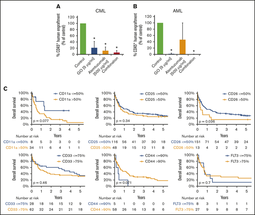 Clinical and functional impact of CD surface molecules on AML and CML LSCs. (A-B) Effects of GO and alemtuzumab on engraftment of CML and AML stem cells in NSG mice. A total of 0.5 to 1 × 106 CD34 magnetic-activated cell sorting (MACS) cells from 3 patients with CML (A) or 1.5 to 15 × 106 cells (T-cell–depleted MNCs by MACS) from 5 patients with AML (B) was preincubated with or without GO (5 µg/mL), alemtuzumab (500 µg/mL), or both drugs in the presence of 30% complement–containing human serum for 1 hour at 37°C (same cell number for all conditions). Then, cells were washed and injected into the lateral tail vein of irradiated NSG mice. After 25 to 27 weeks (for mice with CML; A) or 7 to 15 weeks (for mice with AML; B) mice were euthanized, BM cells were flushed from tibiae, femora, and humeri, and engraftment of human CD45+ cells was analyzed by flow cytometry. Results are expressed as percentage of human CD45+ cells (of all viable cells), and represent the mean ± SD from 3 to 5 independent experiments with 5 mice per group. *P < .05 vs control. (C) Overall survival of AML patients based on surface marker expression on LSCs. AML patients were split into 2 groups per marker, based on higher (yellow graphs) or lower (blue graphs) expression of surface antigens on CD34+/CD38− stem cells: CD11a, CD25, CD26, CD33, CD44, and CD135 (FLT3). The thresholds of expression were selected based on patient distribution and formation of subsets in flow cytometry experiments (supplemental Patients and methods). OS of patients with AML was calculated using the Kaplan-Meier method. The P values were calculated using the log-rank test.