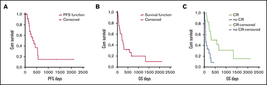 Survival in all patients according to intent to treat. PFS (A) and OS (B) in all patients. (C) OS according to response (CR vs no CR).