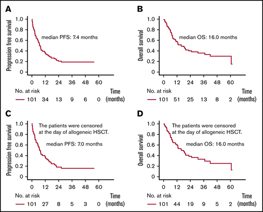 PFS and OS of ATL patients. PFS (A) and OS (B) of all ATL patients in the study. PFS (C) and OS (D) after censoring patients at the day of allogeneic HSCT.