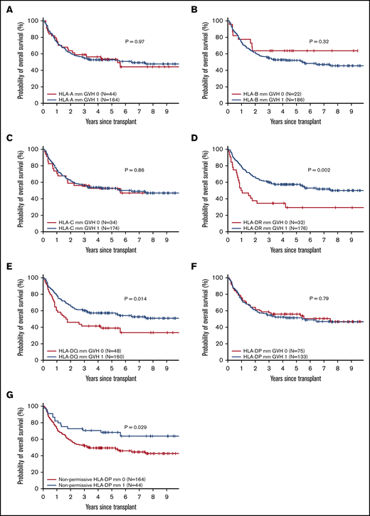 Effect of loci-specific HLA mismatch on OS. OS according to the presence/absence of a loci-specific HLA mismatch at HLA-A (A), HLA-B (B), HLA-C (C), HLA-DR (D), HLA-DQ (E), HLA-DP (F), or the presence/absence of an np HLA-DP mismatch (G).