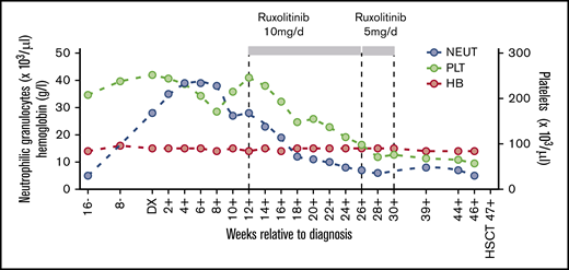 PB cell counts in relation to CNL diagnosis. Hemoglobin levels (HB) and neutrophil granulocyte (NEUT) and platelet (PLT) cell counts are depicted before, during, and after treatment with ruxolitinib at the indicated dosage. DX, diagnosis; HSCT, hematopoietic stem cell transplantation.