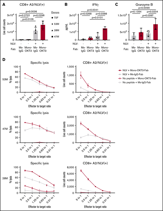 Mono-OKT3-Fab enhances recall T-cell expansion to NLV:HLA-A2. (A-D) PBMCs were cultured with or without exogenous NLV peptide in the presence of mono-OKT3-Fab or control Ms-IgG-Fab. (A) On day 9, cells were analyzed by flow cytometry for the number of A2/NLV-tetramer(+) CD8 T cells from exog-NLV-bulk-responsive donors (mean ± SD, 2-tailed paired Student t test). Mono-OKT3-Fab increased the production of IFN-γ (B) and granzyme B (C), as measured by ELISA of day 7 supernatants (mean ± SD, 1-tailed paired Student t test). Each symbol represents the average of ≥3 independent experiments per donor (A-C). (D) CD8 T-cell isolates (effectors) were cultured at the indicated effector to target ratios with NLV-loaded CD4 T cells (targets) overnight and analyzed for specific lysis of targets (mean ± SD of duplicates).