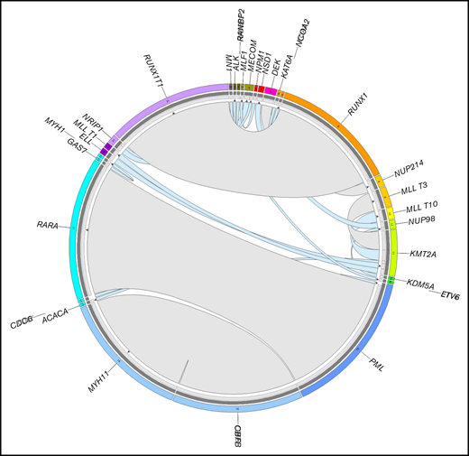 Summary of known fusions detected in 572 AML and 630 MDS patients. The plot was generated by Circos. The width of the connecting arcs reflects the recurrence of the fusion gene with the arrows indicating the transcription orientation from 5′ fusion gene partner to 3′ fusion gene partner. Gray arcs represent canonical fusions (in AML) associated with the entity-defining translocations RUNX1-RUNX1T1, PML-RARA, CBFB-MYH11, KMT2A-MLLT3, and DEK-NUP214, light blue arcs represent other previously reported fusion genes in AML and MDS. The outermost circle indicates the chromosomal location of the unique fusion genes. The inner circle depicts the validation methods of the detected fusion genes. Dark gray, validated by WGS; light gray, validated by CBA/FISH.