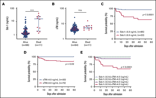 Elevated plasma levels of Sdc-1, sTM, or both are associated with mortality. Plasma levels of Sdc-1 (A), but not sTM (B), are higher in patients who died than in those who survived. Kaplan-Meier survival analyses in patients with Sdc-1 <3.3 ng/mL vs Sdc-1 ≥3.3 ng/mL (C) or sTM <4.0 ng/mL vs ≥4.0 ng/mL (D) or with a double increase in Sdc-1 (≥3.3 ng/mL) and sTM (≥4.0 ng/mL) vs a single change in either Sdc-1 or sTM in the same direction or the opposite direction (E). A Mantel-Cox test was performed to determine statistical significance. Values of P < .05 and P < .01 are considered to be statistically significant and highly significant, respectively. ****P < .0001.