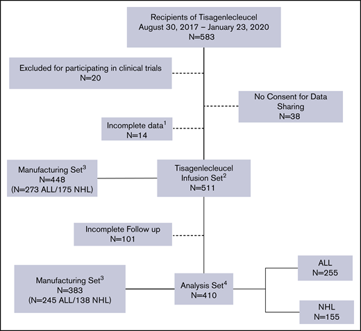 CONSORT diagram. 1, patients without the complete set of baseline forms were excluded; 2, infusion set is the cohort with complete baseline information at the time of data freeze; 3, identifiable tisagenlecleucel batch numbers with available product characteristics; 4, analysis set defined as patients with available follow-up forms after tisagenlecleucel with information related to safety and efficacy outcomes.