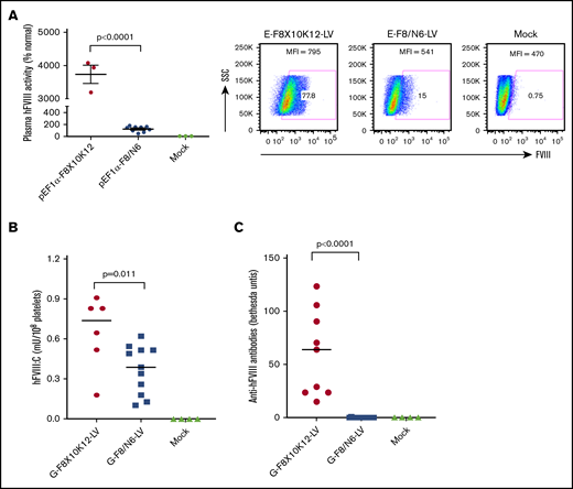 IO infusion of G-F8X10K12-LV induced formation of inhibitory antibodies in HemA mice. (A) FVIII expression from new FVIII variant F8X10K12 in mice and cell culture. Both BDDF8X10K12 and F8/N6 were cloned into a lentiviral transgene backbone plasmid controlled under a ubiquitous promoter EF1α (pEF1α-F8X10K12 and pEF1α-F8/N6, respectively). HemA mice were hydrodynamically injected with pEF1α-F8X10K12 (n = 3) or pEF1α-F8/N6 (n = 9; 50 μg per animal) or sterile phosphate-buffered saline (PBS; mock; 2 mL per animal). Plasma samples were collected on day 4 postinjection, and hFVIII activity was measured by activated partial thromboplastin time assay (left). E-F8X10K12-LV and E-F8/N6-LV were generated to transduce 293T cells (multiplicity of infection, 100) on day 0. On day 5, hFVIII expression levels in 293T cells were detected by flow cytometry (right). (B) HemA mice were treated with IO infusion of G-F8X10K12-LV (2.2 × 106 ifu per animal) or G-F8/N6-LV (2.2 × 106 ifu per animal) or sterile PBS (mock; 20 μL per animal) on day 0. hFVIII levels in platelet lysates in G-F8X10K12-LV– or G-F8/N6-LV–treated or mock mice were measured by enzyme-linked immunosorbent assay on day 90. (C) Anti-FVIII antibodies in the plasma samples collected from the treated and mock mice were measured by Bethesda assay on day 120. Each symbol represents an individual animal. Data are expressed as mean ± standard deviation of the mean.