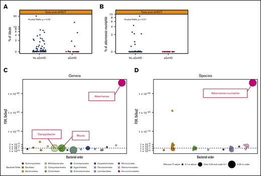 Bacterial species and genera associated with subsequent development of aGVHD. (A-B) The relative abundance (% on a –log10 scale) of the significant predefined bacteria, Blautia and A muciniphila, respectively, among those who do not develop aGVHD vs those who do develop aGVHD early post-aHSCT. (C-D) Our discovery method for bacterial genera and species (present in ≥10% of samples tested at a minimum of 0.01% relative abundance, colored by bacterial order) in early post-aHSCT samples. Those under the dotted line have not passed the DESeq2 threshold of an FDR of P < .01. Those depicted by a larger dot have a lower P value from the Wilcoxon test taking into account compositionality. Those with the largest dot (P ≤ .05) and above the dotted line are the significant bacteria based on our discovery model. The only bacterial genera that have passed this are Blautia, Campylobacter, and Akkermansia, which are shown as the labeled dot on the top of the graph and for species A muciniphila. To see all bacteria passing either threshold (DESeq or Wilcoxon), see supplemental Figure 4.