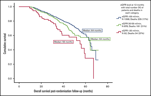 Kaplan-Meier plot comparing overall survival between patients with different eGFR levels at 12 months. Overall survival was significantly longer among those with 12-month eGFR ≥30 mL per minute compared with those with eGFR <30 mL per minute (P < .001).
