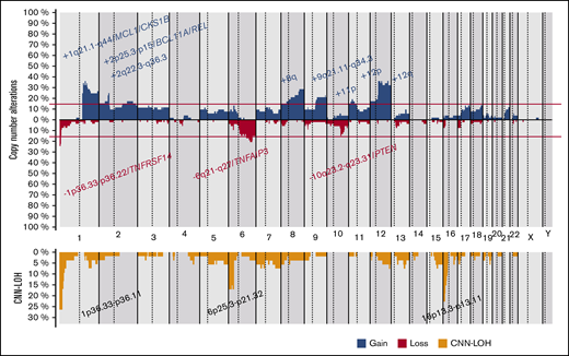 Copy number profile of 53 t(14;18)−FLs. Global copy number (top panel) and copy number neutral loss of heterozygosity (CNN-LOH; bottom panel) profile. The x-axis depicts chromosome positions with dotted lines pointing out centromeres. The y-axis indicates frequency of the genomic aberration among the analyzed cases. Each probe is aligned with chromosomes from 1 to Y and p to q. Gains are depicted in blue and losses in red, and regions of CNN-LOH are represented in yellow. Recurrent CN and CNN-LOH regions (>15% of cases) are indicated.
