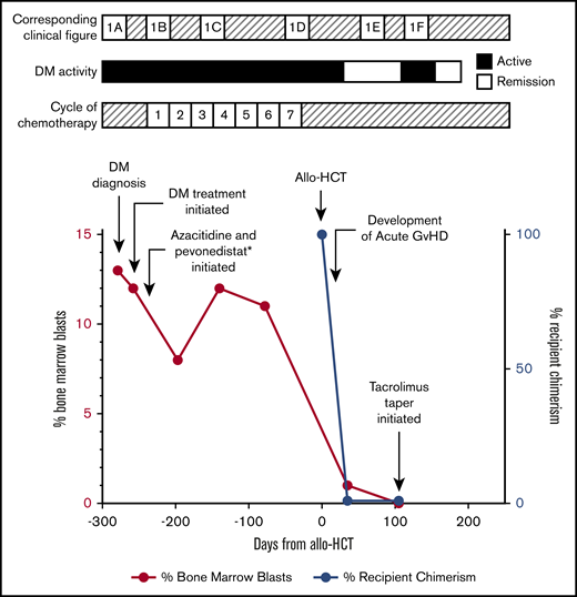 Timeline of events. MDS and DM activity surrounding allo-HCT (day 0). *Pevonedistat is a trial drug (novel inhibitor of NEDD8-activating enzyme).