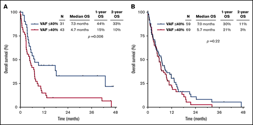 OS by therapy received, stratified by TP53mutVAF. OS for patients receiving a cytarabine-based regimen (A) or an HMA-based regimen (B), stratified by TP53mut VAF.