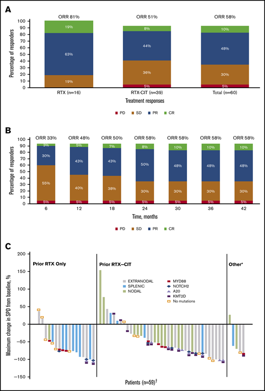 ORR and reduction in lymph node SPD with single-agent ibrutinib treatment. (A) Response rates for total efficacy population and by prior line of therapy. (B) Best response over time in the total efficacy population (n = 60). (C) Change in tumor size by prior line of therapy in the ITT population. *Patients in the “Other” category had prior treatment with both single-agent RTX and chemotherapy or investigational therapies. †Four patients who discontinued before the first response assessment were excluded. PD, progression of disease; SD, stable disease.