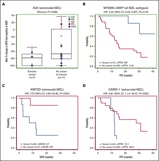 Extranodal subgroup and gene variant analyses. (A) Gene-level analysis for A20 in patients with extranodal MZL. (B) Analysis of the MYD88 L265P variant for all MZL subtypes combined. (C) Gene-level analysis for KMT2D in patients with extranodal MZL. (D) Gene-level analysis for CARD11 in patients with extranodal MZL.