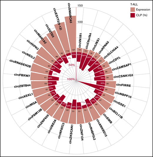 CircRNA with highest expression and/or circular to linear proportion in T-ALL. The plot shows the average absolute expression and the average circular to linear proportion (CLP) in T-ALL of the 32 circRNAs with average expression (normalized reads) >45 or with CLP > 0.3 and expression at least 10.