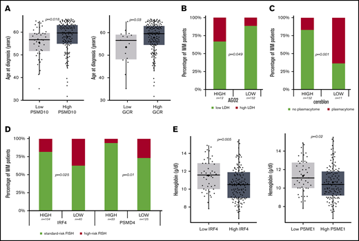 MM characteristics depending on the protein level. (A) Age of the MM patients at diagnosis depending on the level of PSDM10-gankyrin and GCR proteins. The P value is that corresponding to a Mann-Whitney U test. (B) AGO2 level association with LDH. The P value indicates the level of significance of the χ2 statistic. (C) Cereblon protein level at diagnosis and association with plasmacytoma occurrence. The P value indicates the level of significance of the χ2 statistic. (D) Association between IRF4 and PSMD4 protein levels with cytogenetic risk group. The P value indicates the level of significance of the χ2 statistic. (E) Hemoglobin level at diagnosis in MM with high and low levels of IRF4 and PSME1 protein expression. The P value is that corresponding to a Mann-Whitney U test.